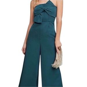 Anthropologie Teal Bow-Front Jumpsuit